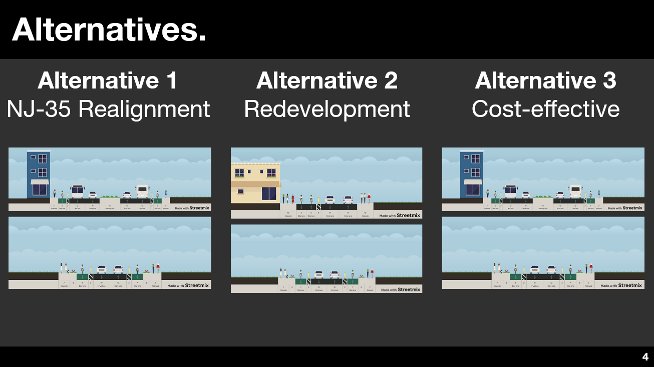 Picture of A slide showing all of our alternatives and the cross-sections associated with them. The image on the top are for Connector Road and the images on the bottom are for NJ State Route 35.