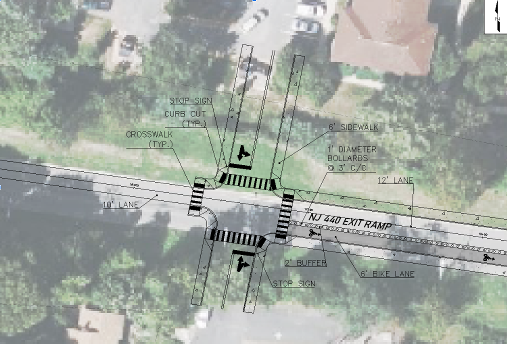 Picture of the section 1 design. Involves placing a new intersection on the NJ 440 exit ramp.