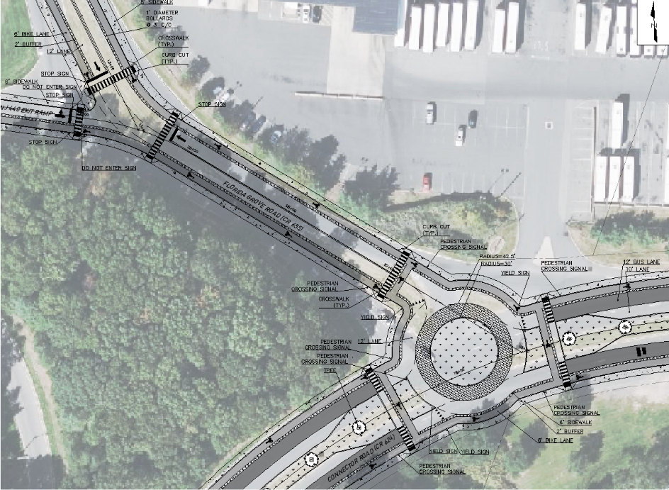 Picture of the newly created design for the intersection of South Florida Grove Road and Connector Road. There is a new  3 way stop on the north end and a roundabout on the south end.